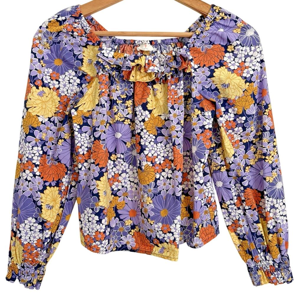J Crew Crewcuts Cotton Square Neck Puff-Sleeve Floral Top Retro‎ Preppy Girls L